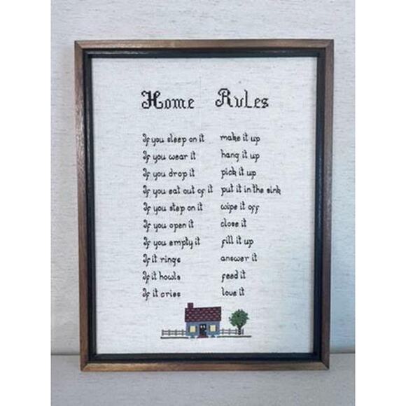 Framed Cross-Stitch "Home Rules" | Handmade Embroidered Wall Art‎ | Rustic Decor - Picture 4 of 8